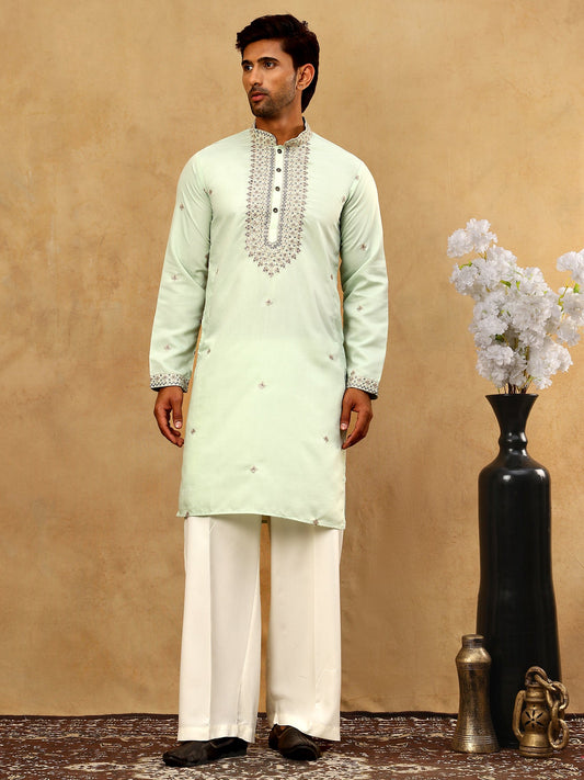 Men’s Silk Blend Embroidered Kurta Pyjama Set ( JOKP PJ11W 5046Pista )