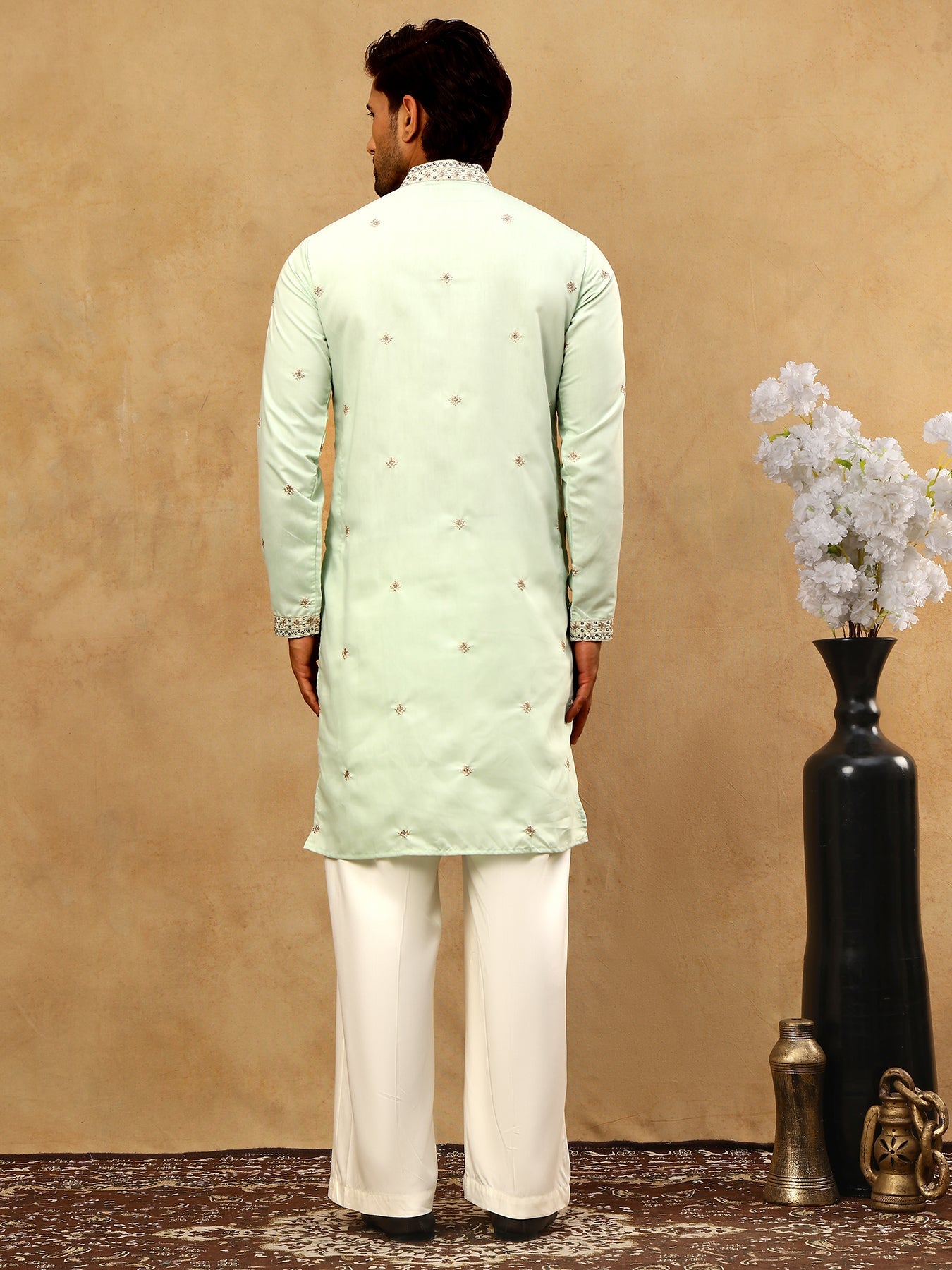 Men’s Silk Blend Embroidered Kurta Pyjama Set ( JOKP PJ11W 5046Pista )