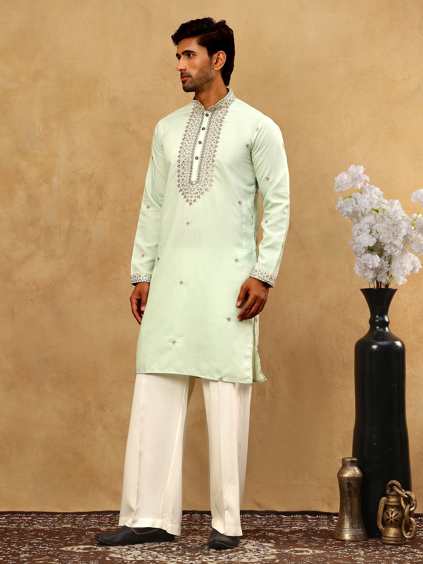 Men’s Silk Blend Embroidered Kurta Pyjama Set ( JOKP PJ11W 5046Pista )