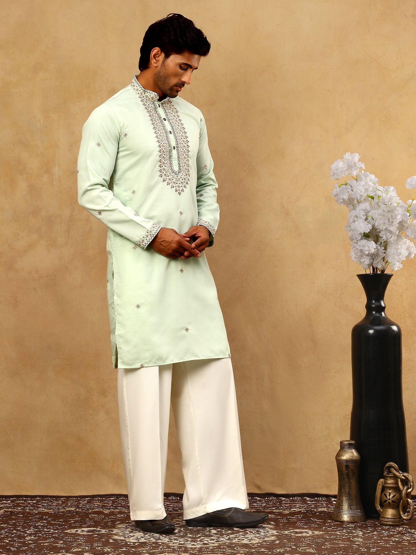 Men’s Silk Blend Embroidered Kurta Pyjama Set ( JOKP PJ11W 5046Pista )