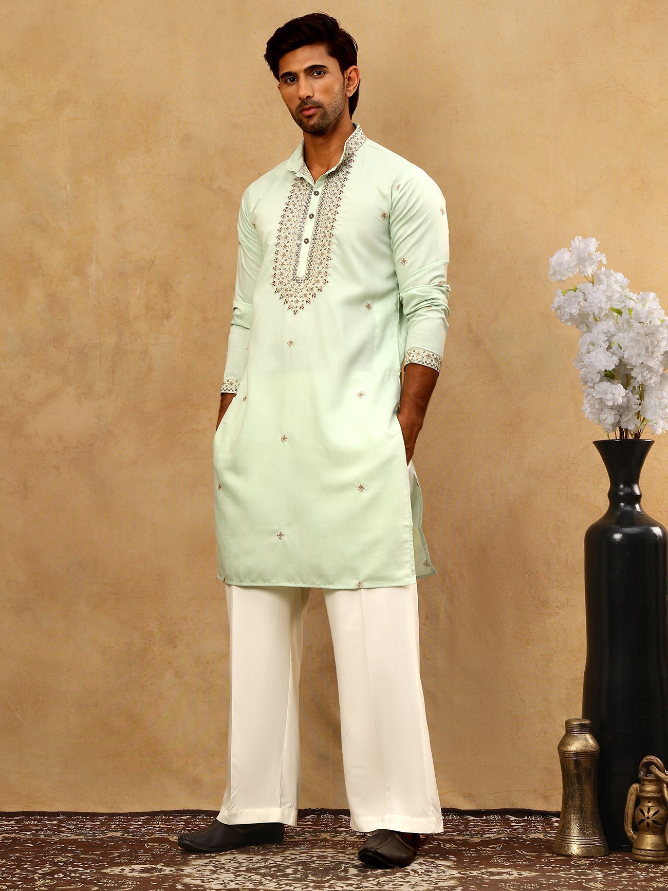 Men’s Silk Blend Embroidered Kurta Pyjama Set ( JOKP PJ11W 5046Pista )