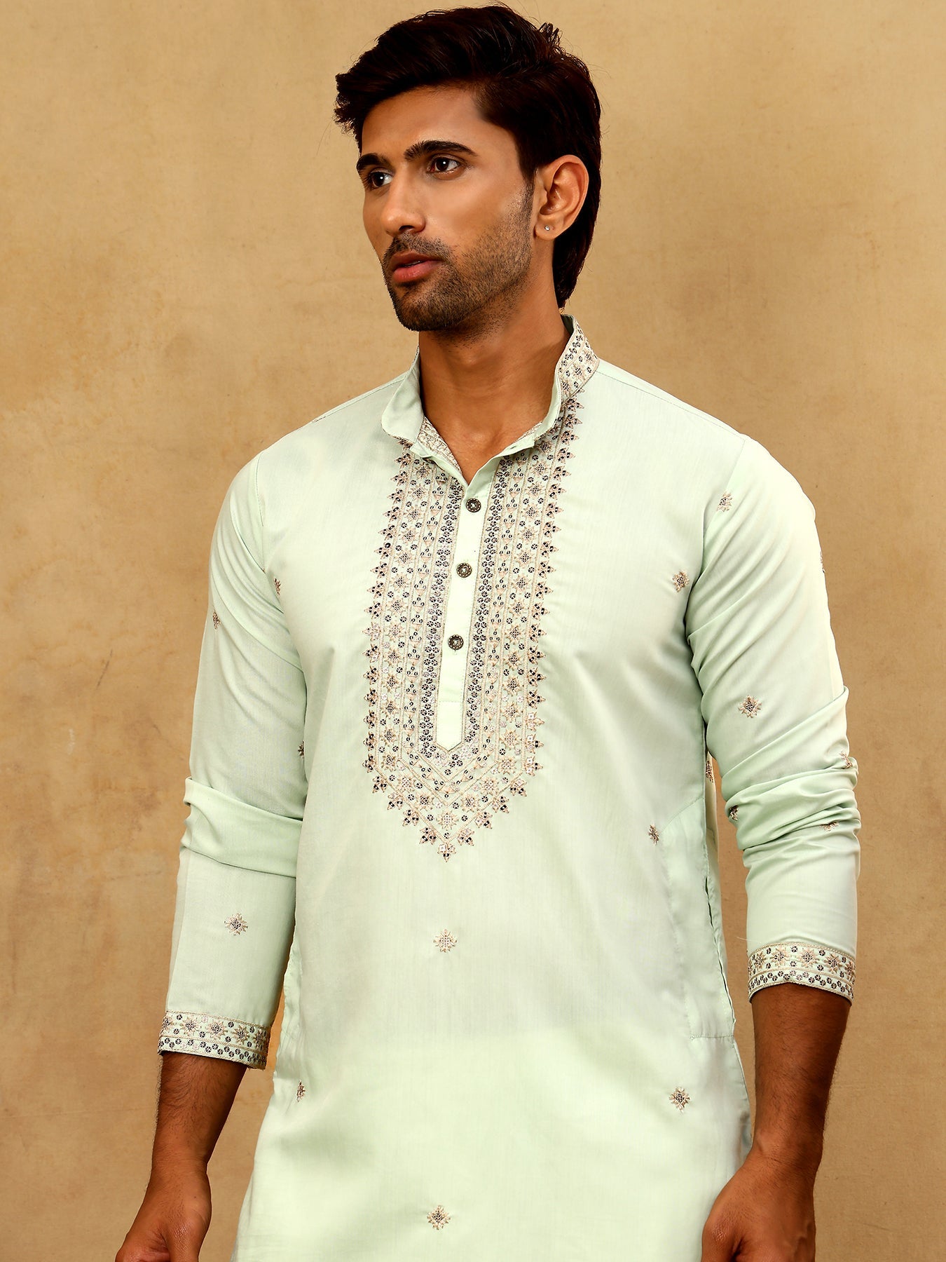 Men’s Silk Blend Embroidered Kurta Pyjama Set ( JOKP PJ11W 5046Pista )