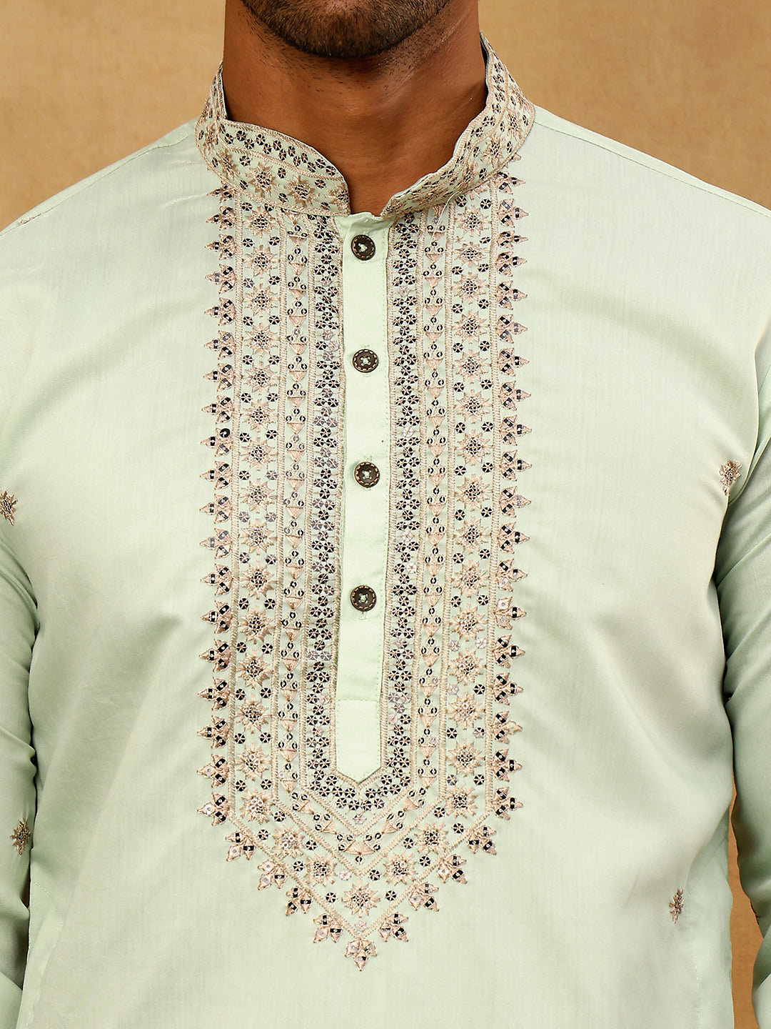 Men’s Silk Blend Embroidered Kurta Pyjama Set ( JOKP PJ11W 5046Pista )