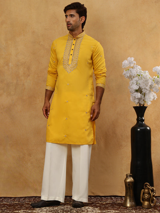 Men’s Silk Blend Embroidered Kurta Pyjama Set ( JOKP PJ11W 5046Yellow )