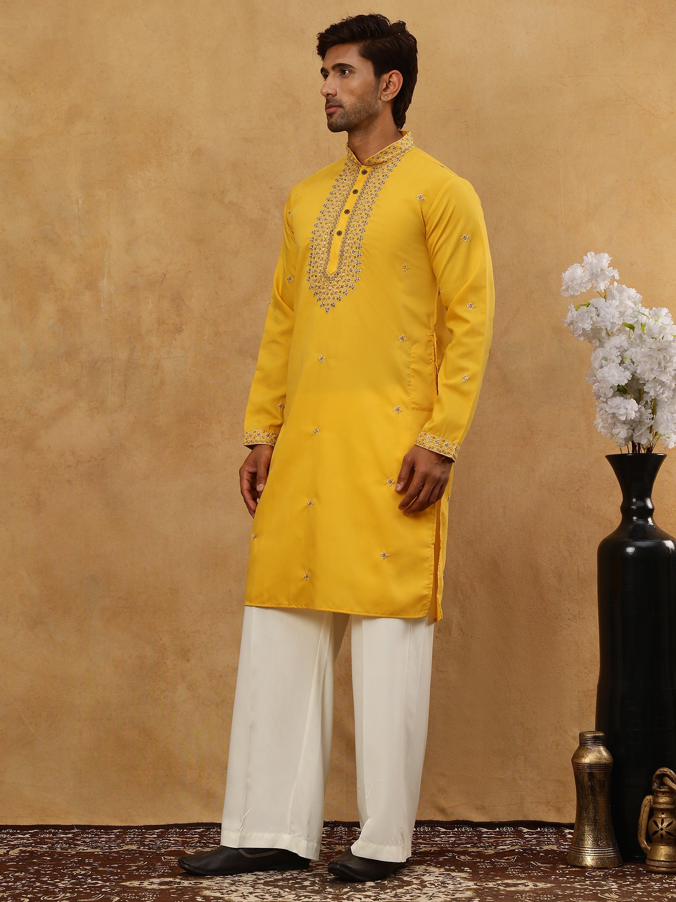 Men’s Silk Blend Embroidered Kurta Pyjama Set ( JOKP PJ11W 5046Yellow )