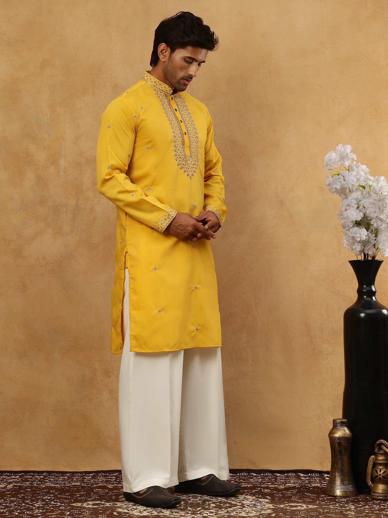 Men’s Silk Blend Embroidered Kurta Pyjama Set ( JOKP PJ11W 5046Yellow )