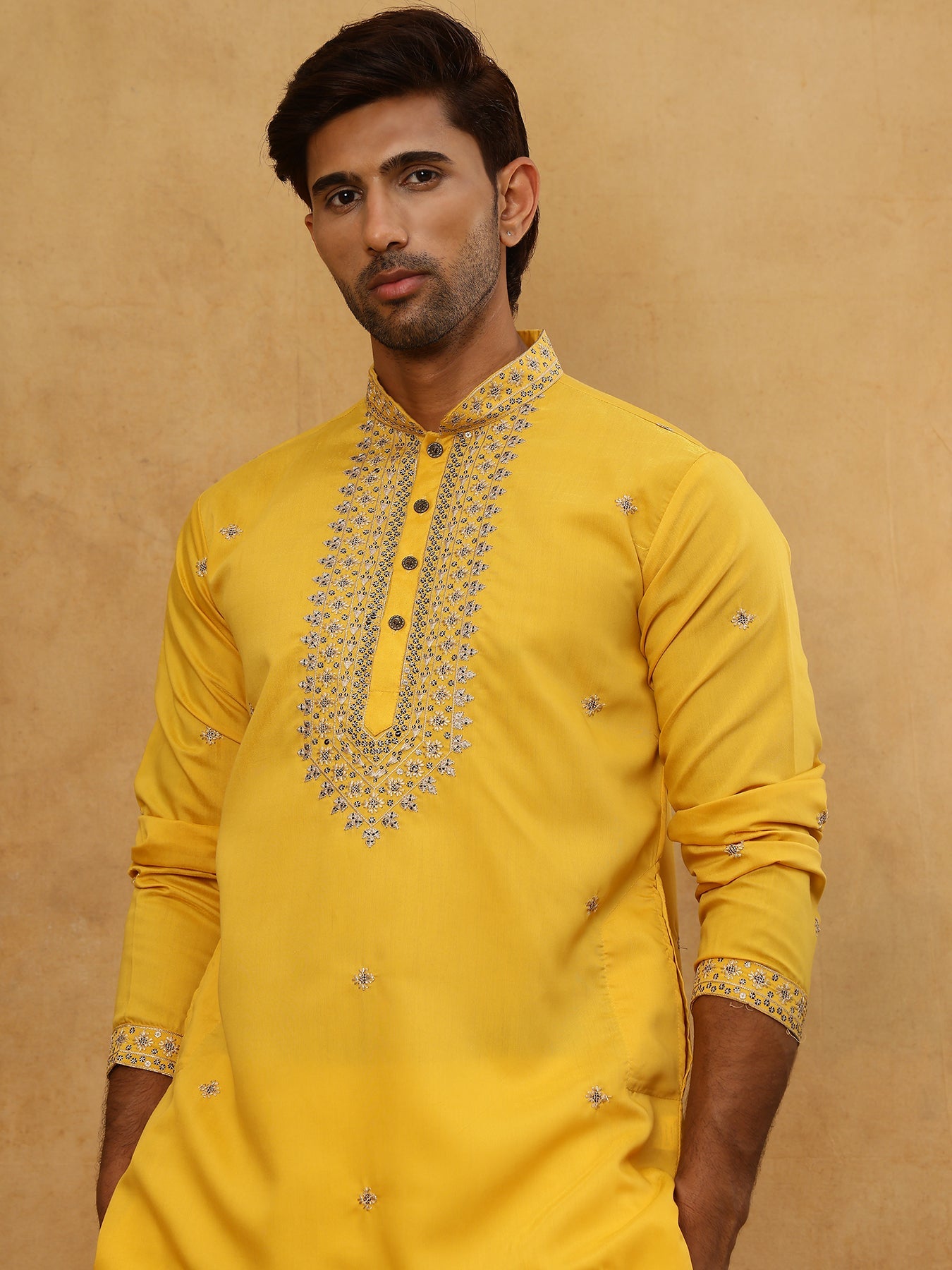 Men’s Silk Blend Embroidered Kurta Pyjama Set ( JOKP PJ11W 5046Yellow )