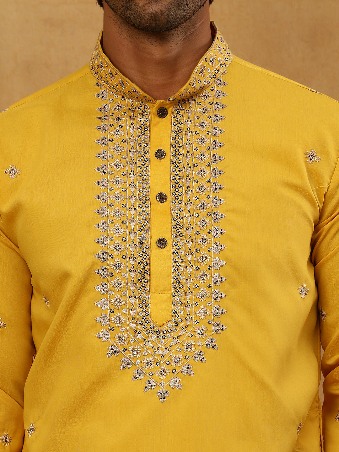Men’s Silk Blend Embroidered Kurta Pyjama Set ( JOKP PJ11W 5046Yellow )