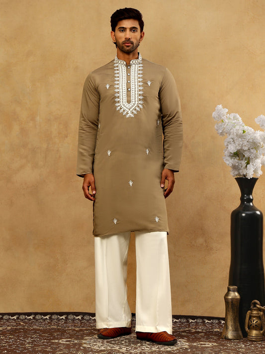 Silk Blend Embroidered Ethnic Kurta Pyjama Set ( JOKP PJ11W 5075Beige )