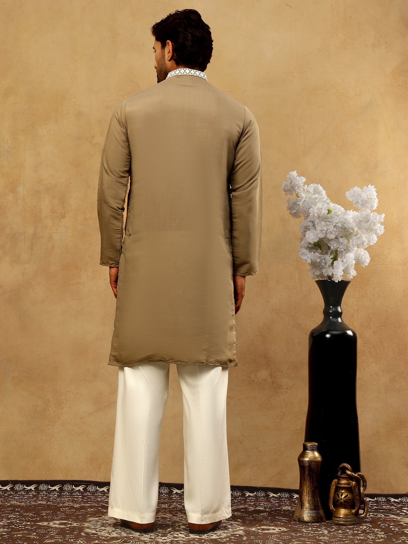 Silk Blend Embroidered Ethnic Kurta Pyjama Set ( JOKP PJ11W 5075Beige )