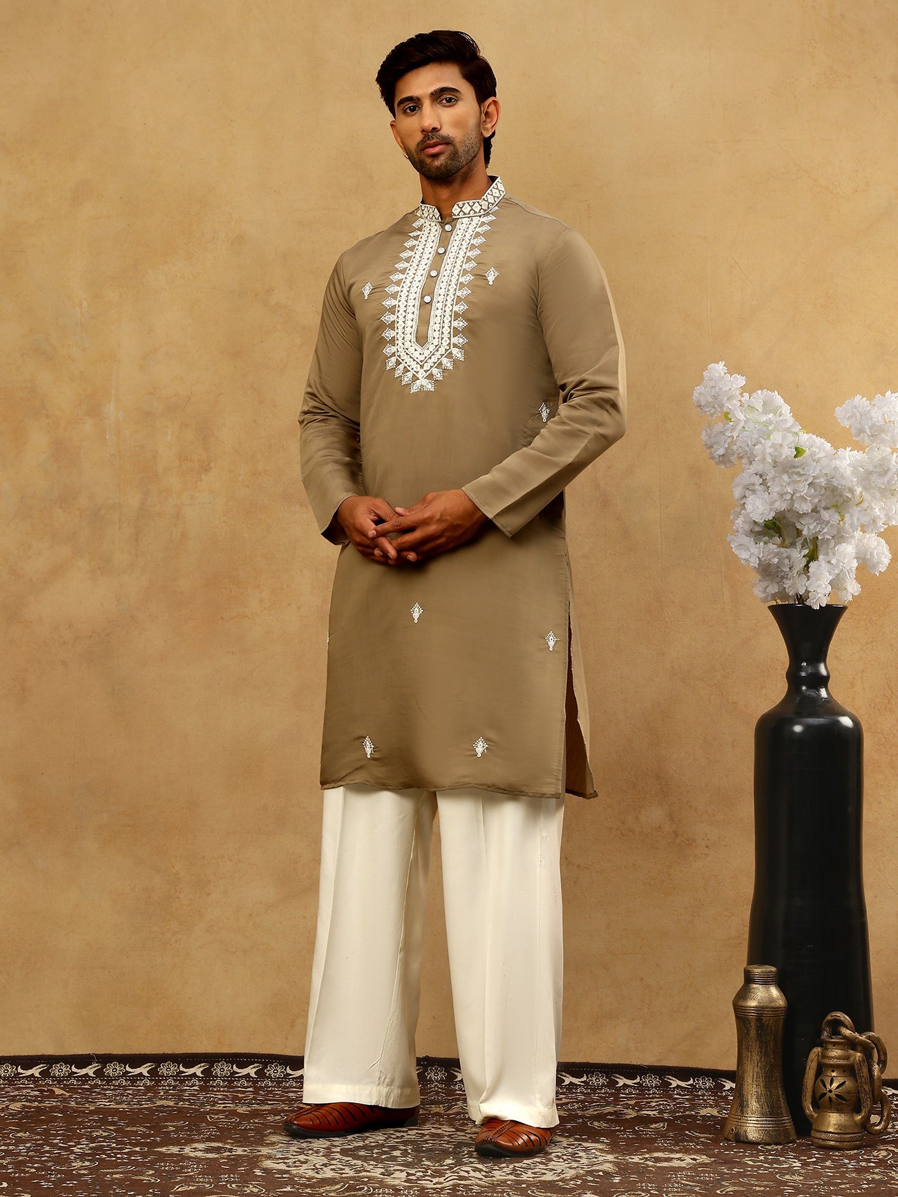 Silk Blend Embroidered Ethnic Kurta Pyjama Set ( JOKP PJ11W 5075Beige )