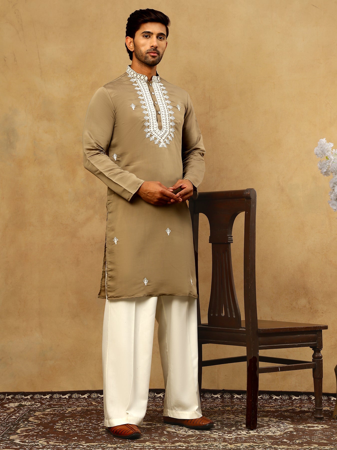 Silk Blend Embroidered Ethnic Kurta Pyjama Set ( JOKP PJ11W 5075Beige )