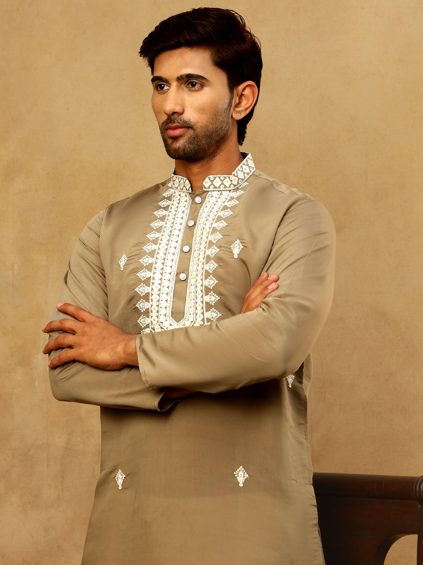 Silk Blend Embroidered Ethnic Kurta Pyjama Set ( JOKP PJ11W 5075Beige )