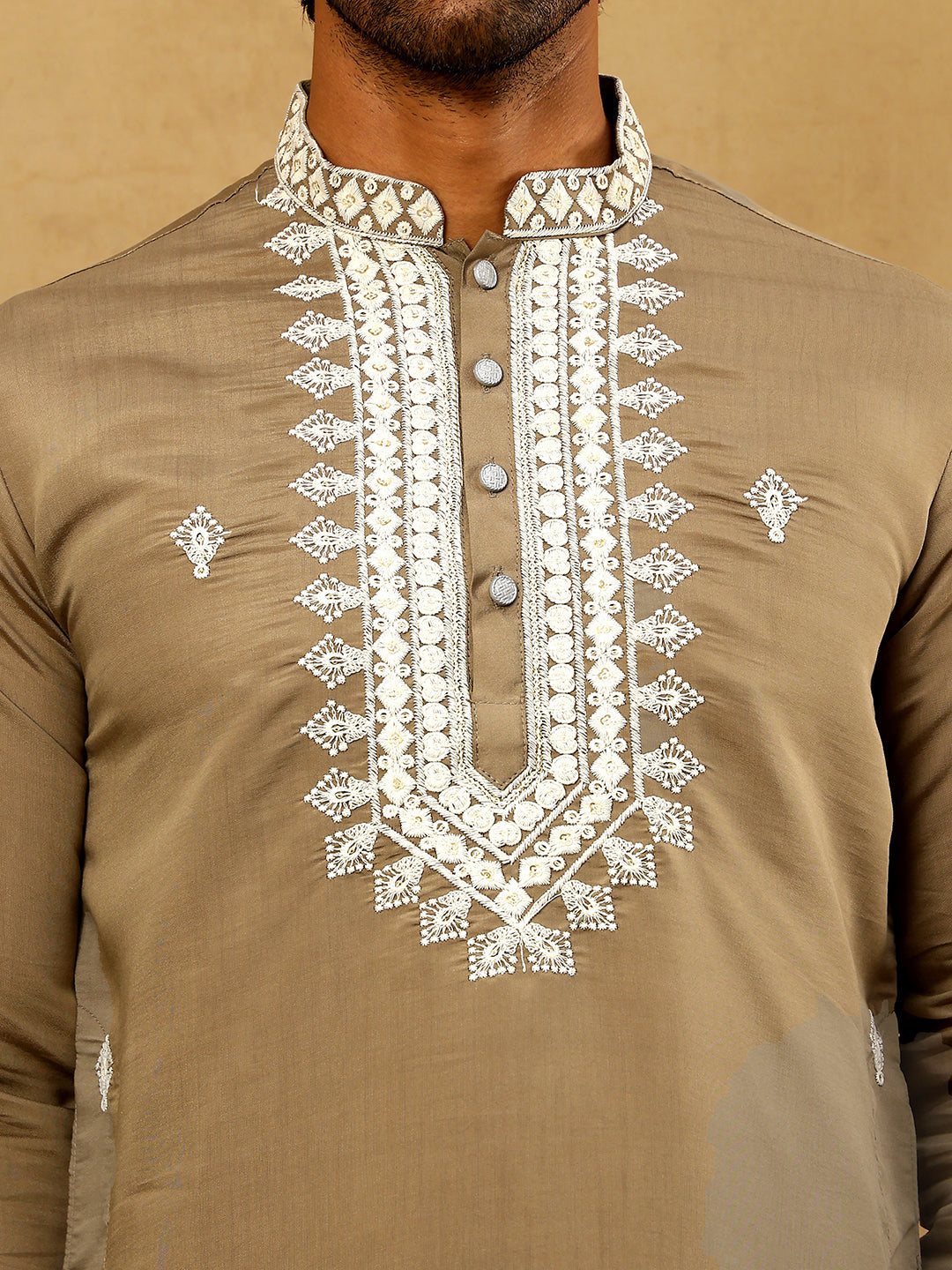 Silk Blend Embroidered Ethnic Kurta Pyjama Set ( JOKP PJ11W 5075Beige )