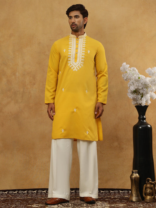 Silk Blend Embroidered Ethnic Kurta Pyjama Set ( JOKP PJ11W 5075Mustard )