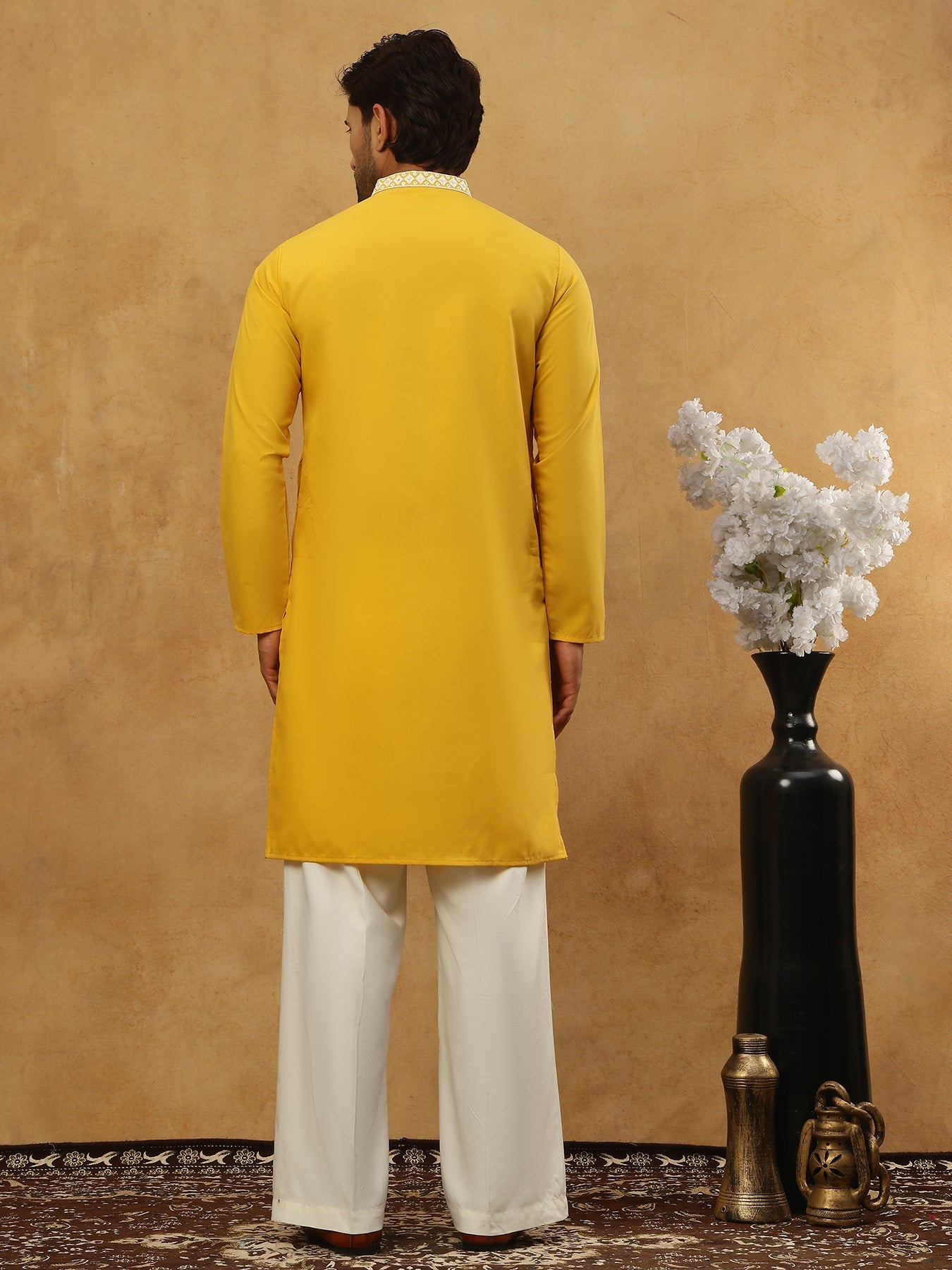Silk Blend Embroidered Ethnic Kurta Pyjama Set ( JOKP PJ11W 5075Mustard )