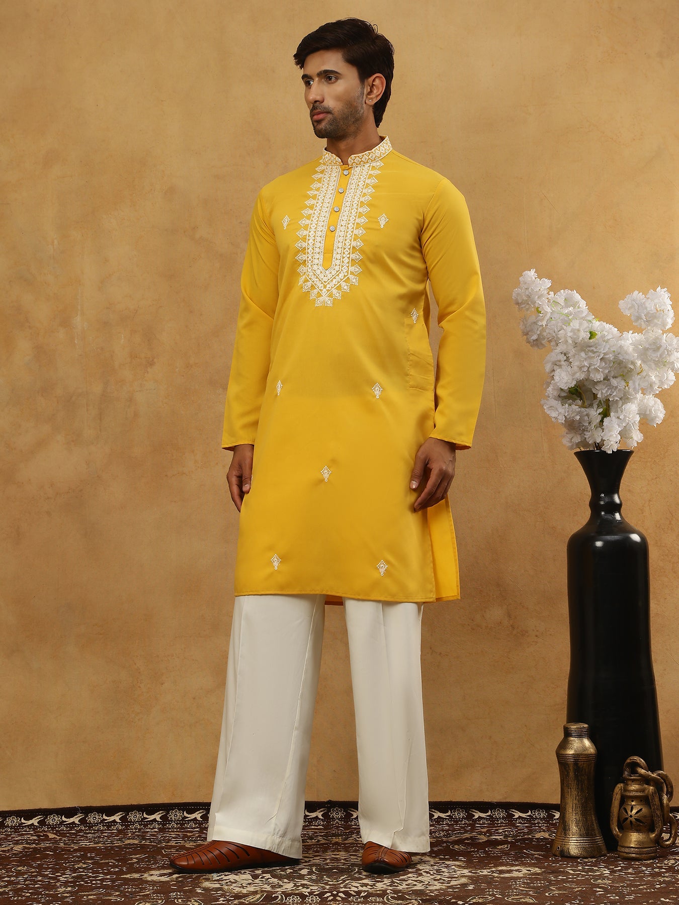 Silk Blend Embroidered Ethnic Kurta Pyjama Set ( JOKP PJ11W 5075Mustard )