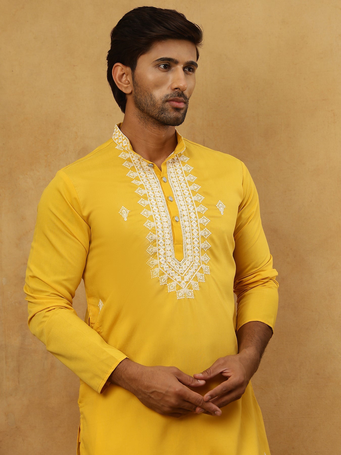 Silk Blend Embroidered Ethnic Kurta Pyjama Set ( JOKP PJ11W 5075Mustard )