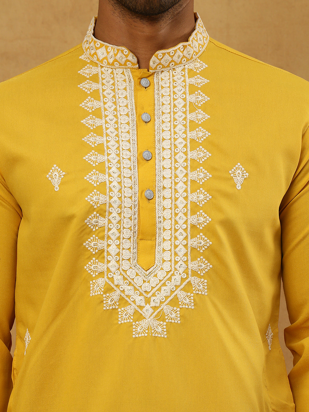 Silk Blend Embroidered Ethnic Kurta Pyjama Set ( JOKP PJ11W 5075Mustard )