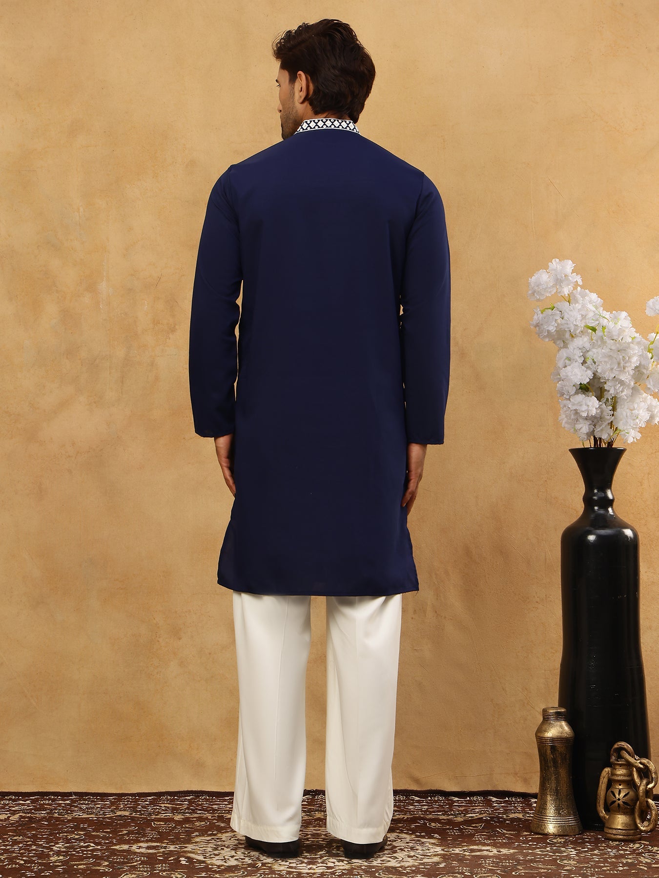 Silk Blend Embroidered Ethnic Kurta Pyjama Set ( JOKP PJ11W 5075Navy )