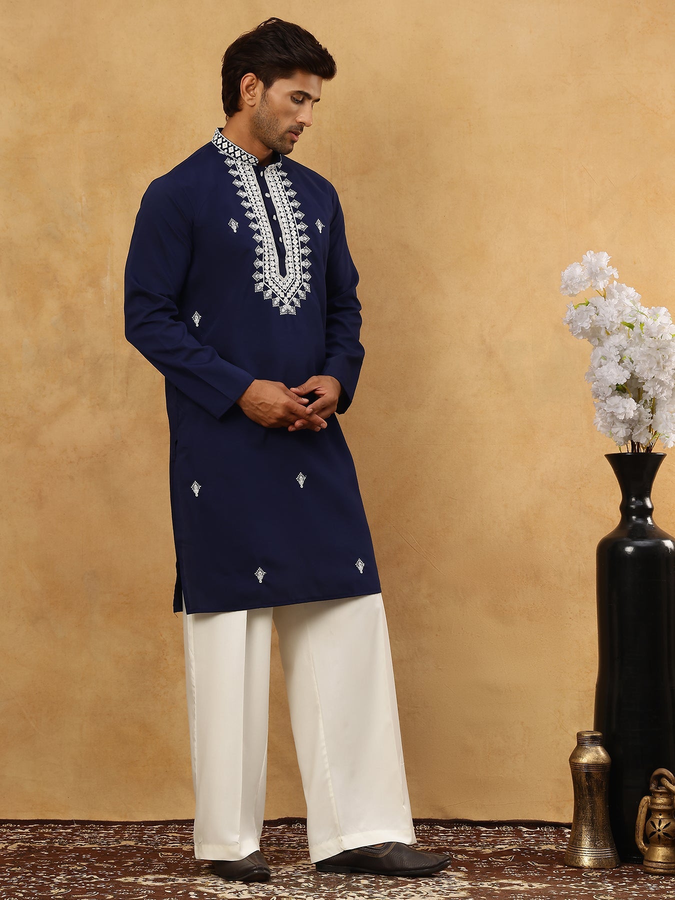Silk Blend Embroidered Ethnic Kurta Pyjama Set ( JOKP PJ11W 5075Navy )