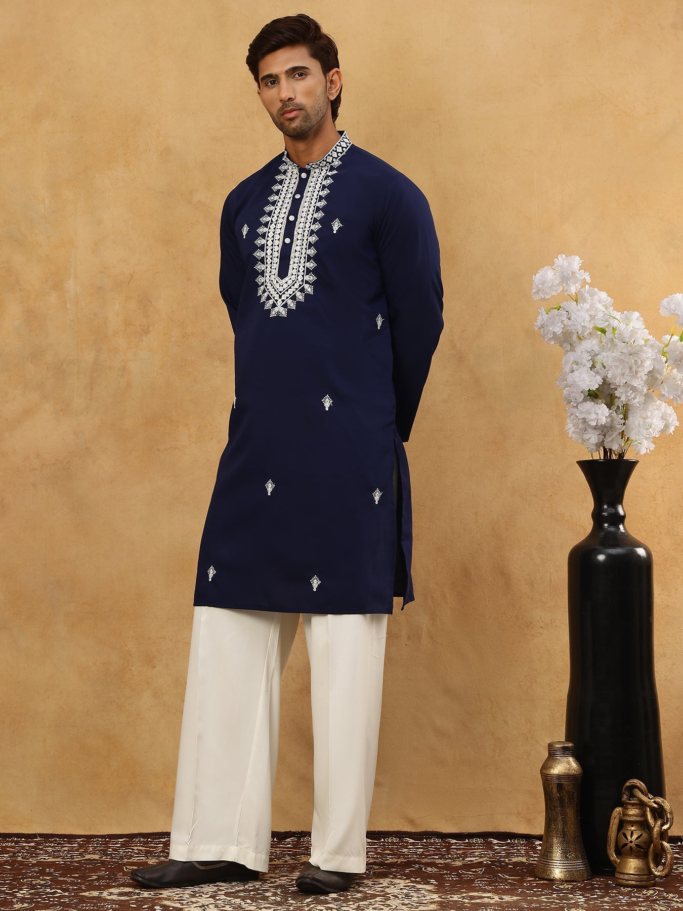 Silk Blend Embroidered Ethnic Kurta Pyjama Set ( JOKP PJ11W 5075Navy )