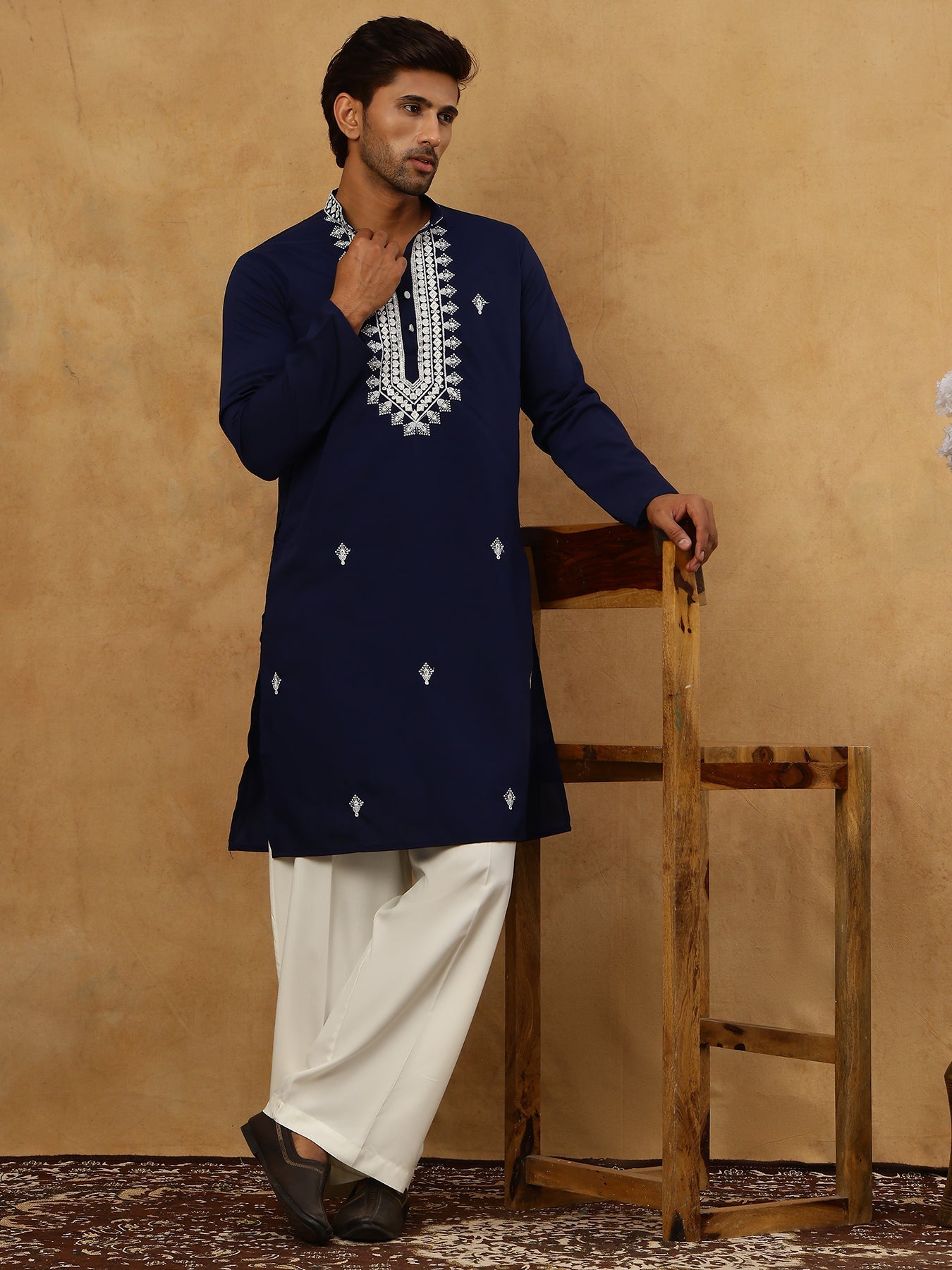 Silk Blend Embroidered Ethnic Kurta Pyjama Set ( JOKP PJ11W 5075Navy )