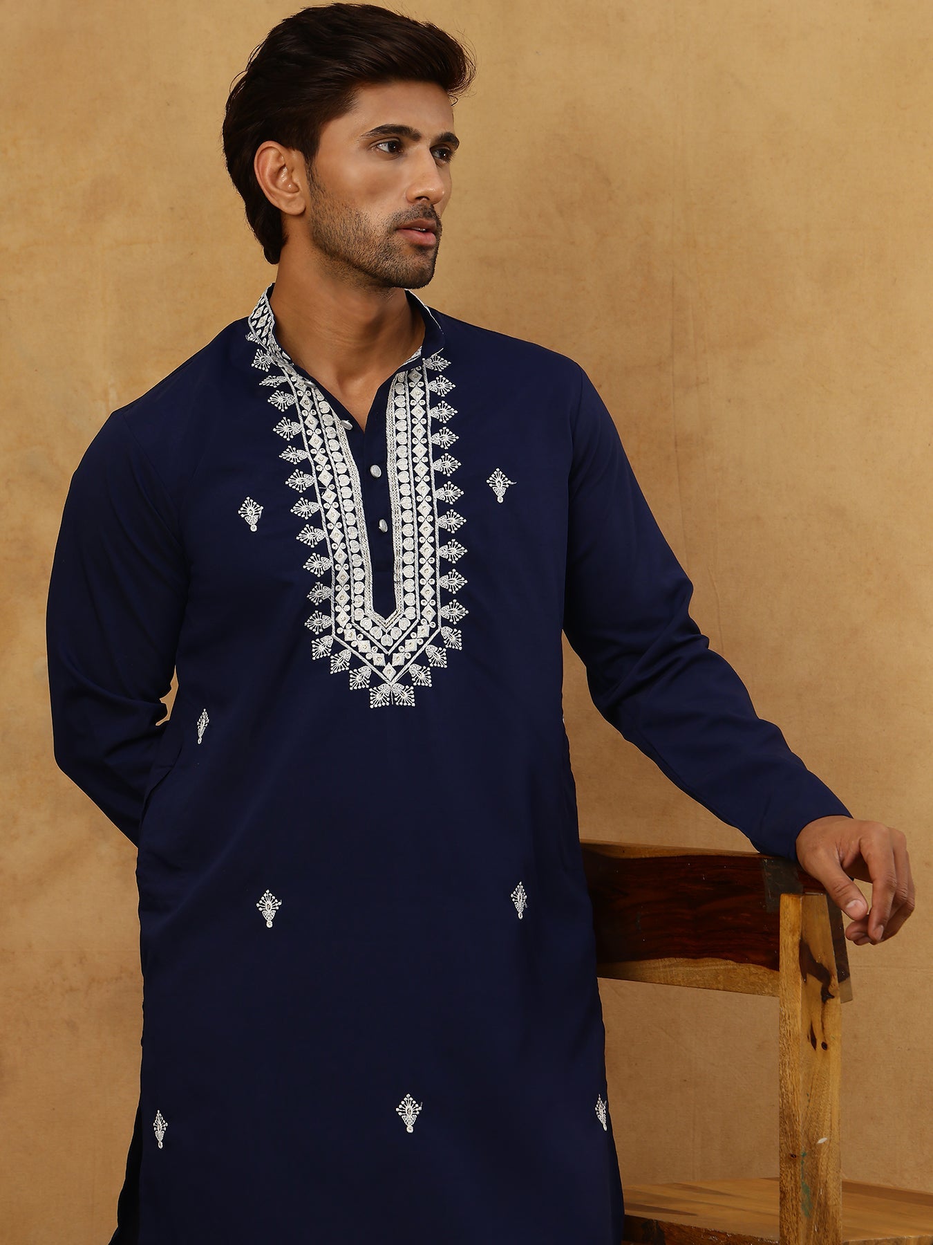 Silk Blend Embroidered Ethnic Kurta Pyjama Set ( JOKP PJ11W 5075Navy )