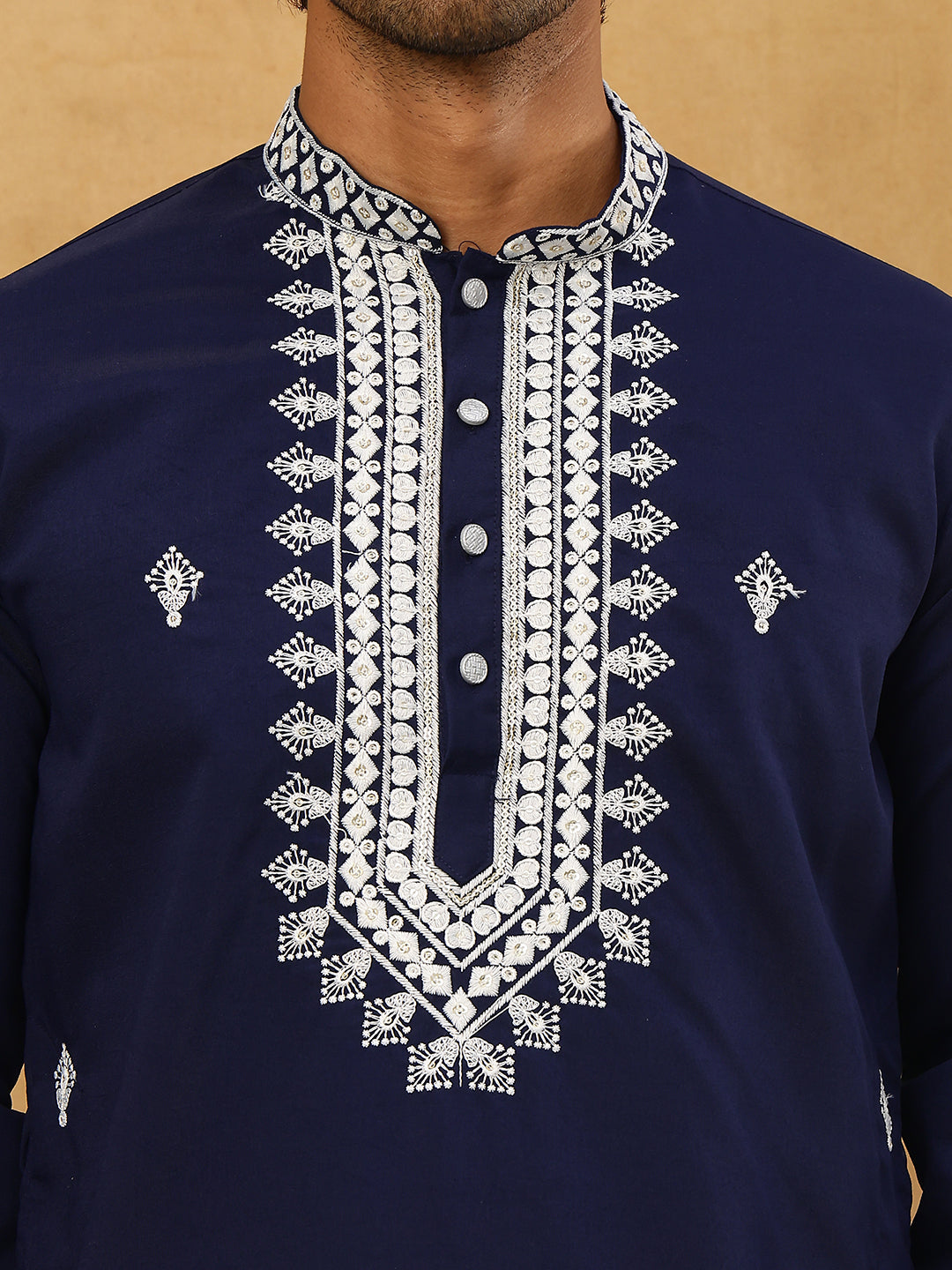 Silk Blend Embroidered Ethnic Kurta Pyjama Set ( JOKP PJ11W 5075Navy )