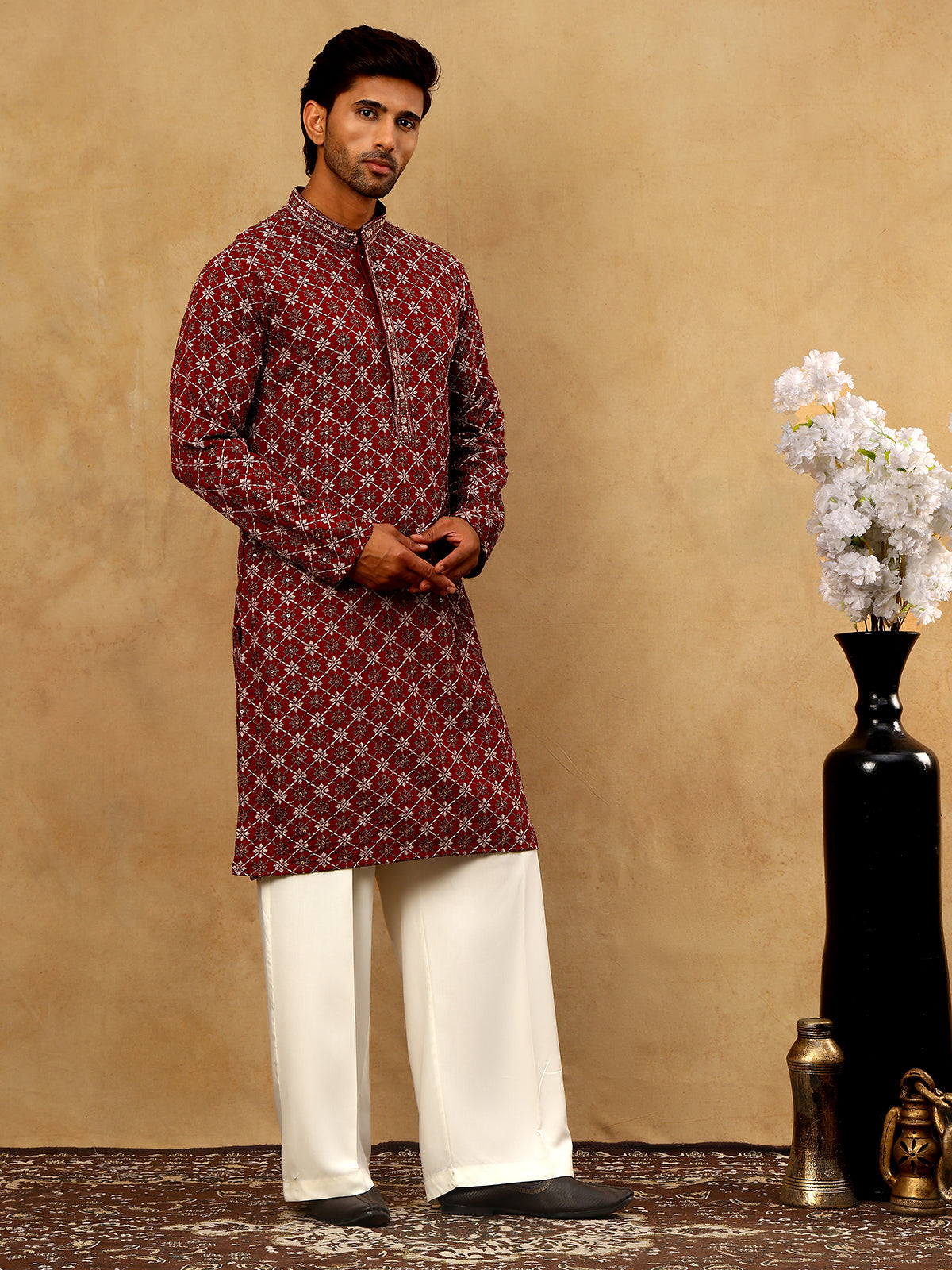Viscose Rayon Embroidered Sequin Kurta Pyjama ( JOKP PJ11W 5127Maroon )