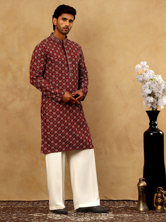 Viscose Rayon Embroidered Sequin Kurta Pyjama ( JOKP PJ11W 5127Maroon )
