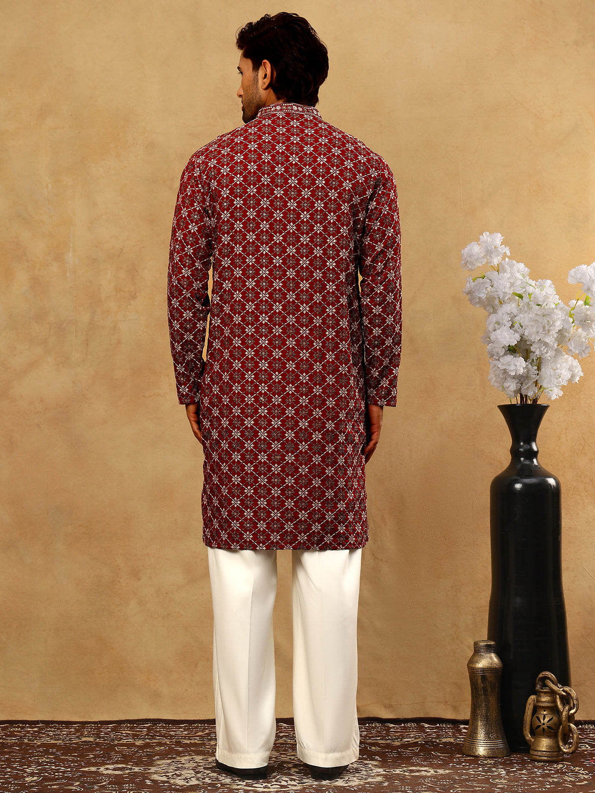 Viscose Rayon Embroidered Sequin Kurta Pyjama ( JOKP PJ11W 5127Maroon )