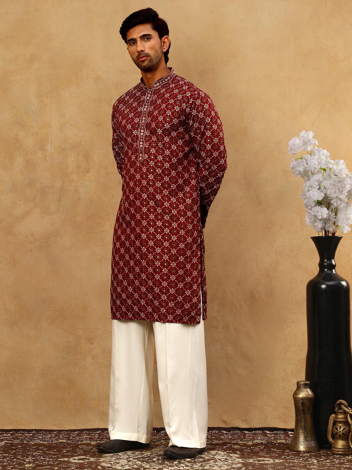 Viscose Rayon Embroidered Sequin Kurta Pyjama ( JOKP PJ11W 5127Maroon )