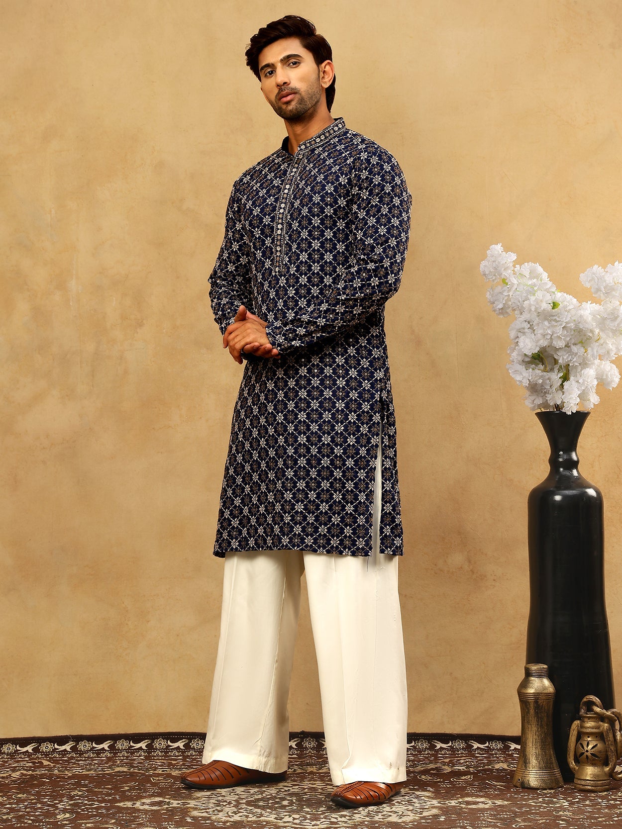 Viscose Rayon Embroidered Sequin Kurta Pyjama ( JOKP PJ11W 5127Navy )