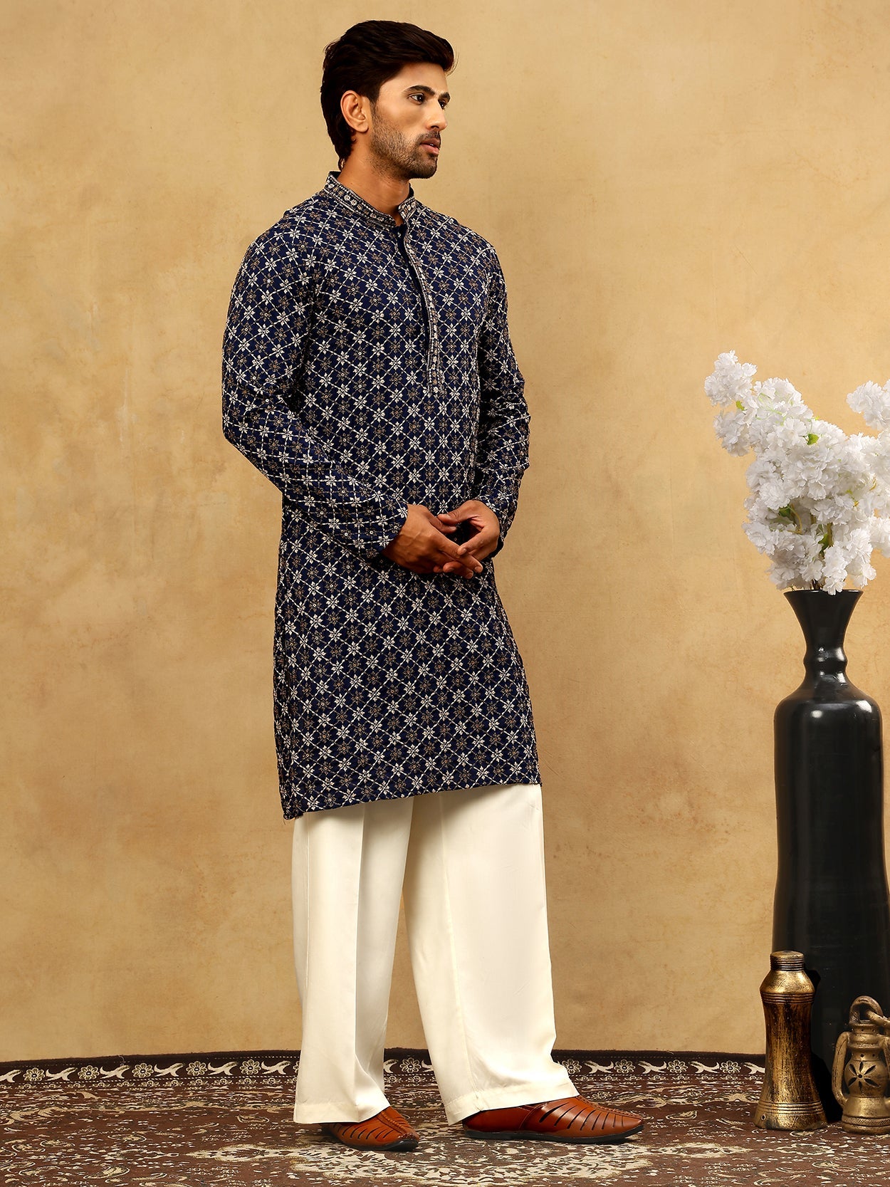 Viscose Rayon Embroidered Sequin Kurta Pyjama ( JOKP PJ11W 5127Navy )