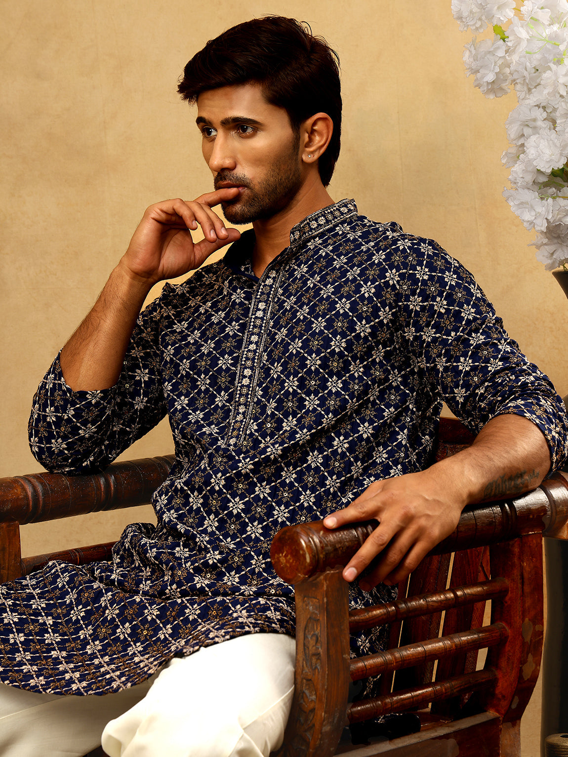 Viscose Rayon Embroidered Sequin Kurta Pyjama ( JOKP PJ11W 5127Navy )