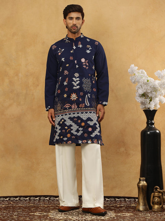 Silk Blend Floral Embroidered Kurta Pyjama Set ( JOKP PJ11W 5140Navy )