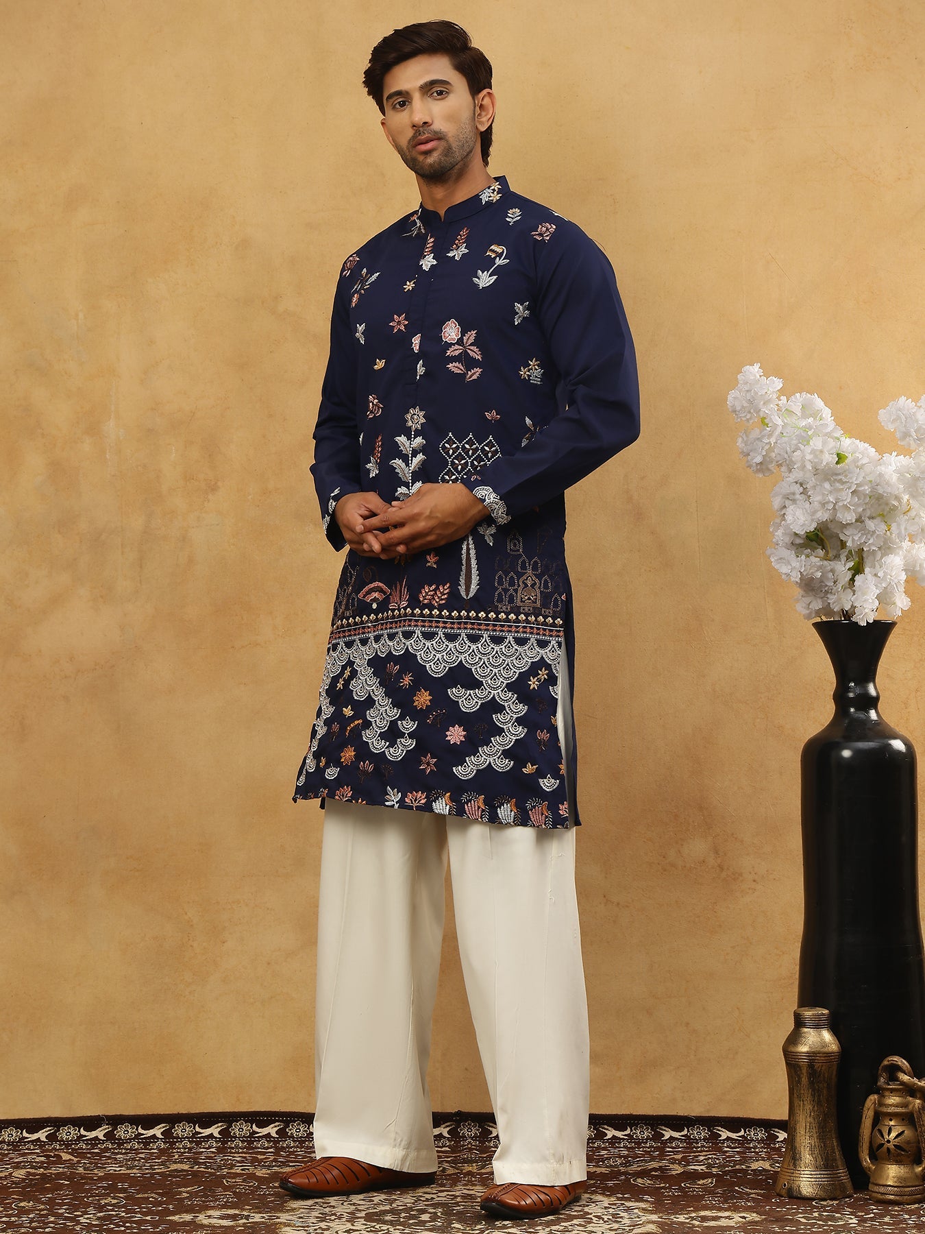 Silk Blend Floral Embroidered Kurta Pyjama Set ( JOKP PJ11W 5140Navy )