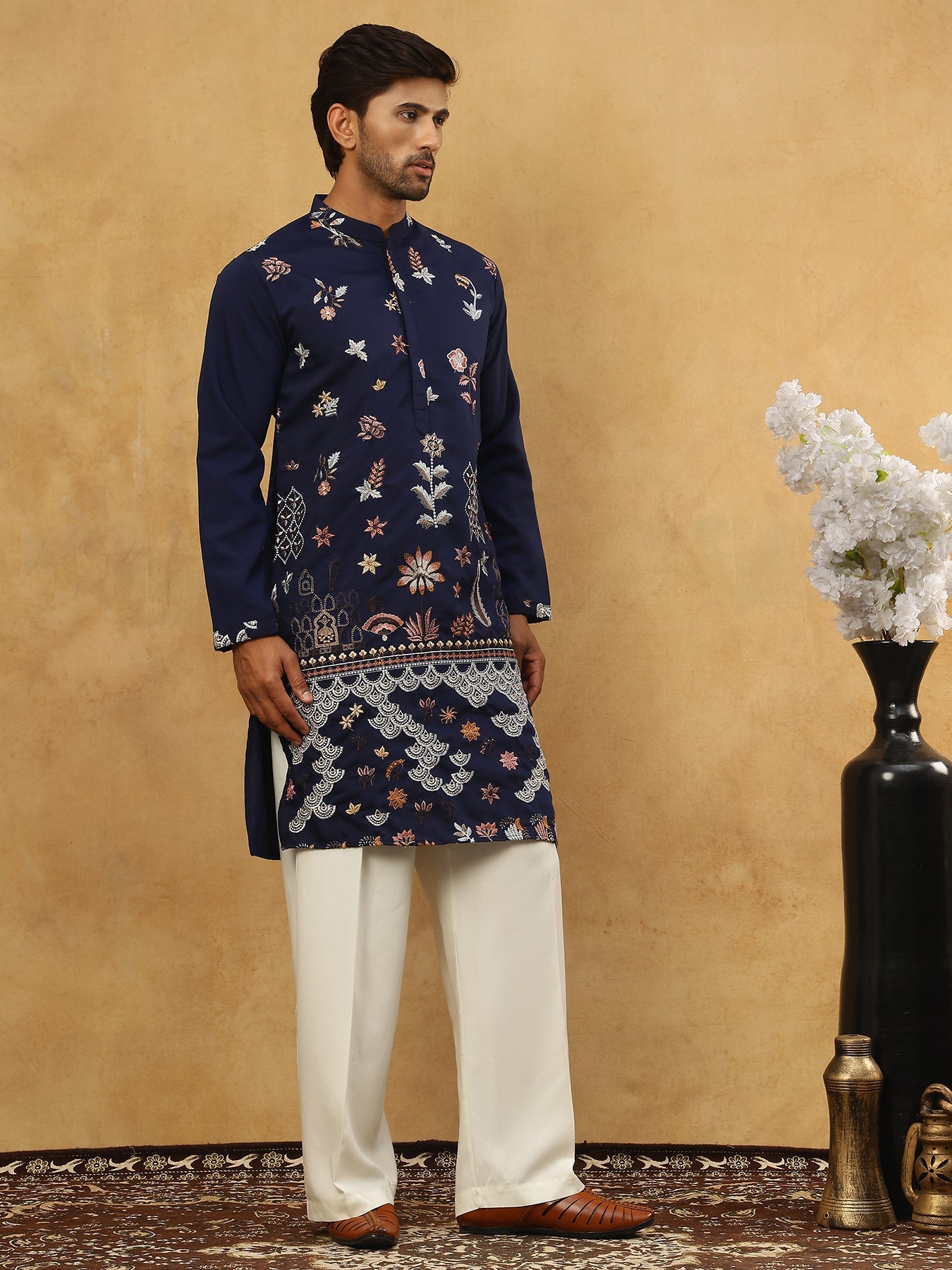 Silk Blend Floral Embroidered Kurta Pyjama Set ( JOKP PJ11W 5140Navy )