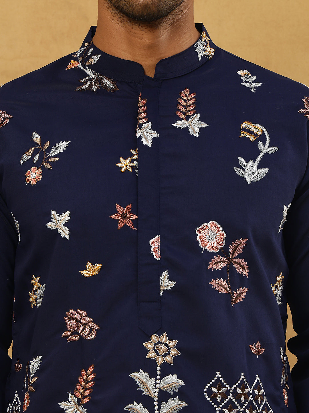 Silk Blend Floral Embroidered Kurta Pyjama Set ( JOKP PJ11W 5140Navy )