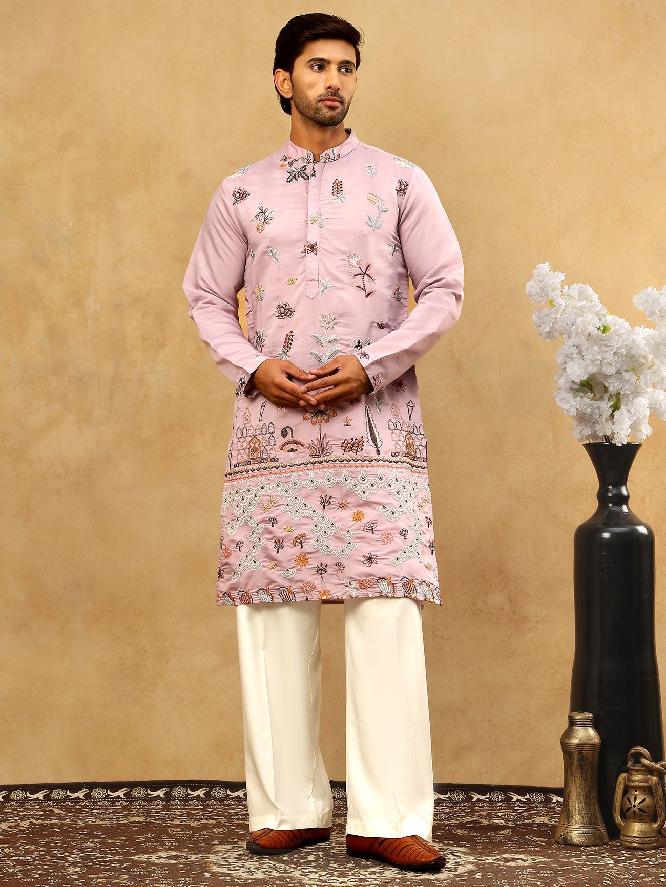 Silk Blend Floral Embroidered Kurta Pyjama Set ( JOKP PJ11W 5140Purple )