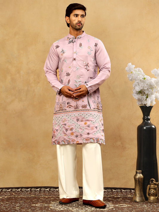 Silk Blend Floral Embroidered Kurta Pyjama Set ( JOKP PJ11W 5140Purple )