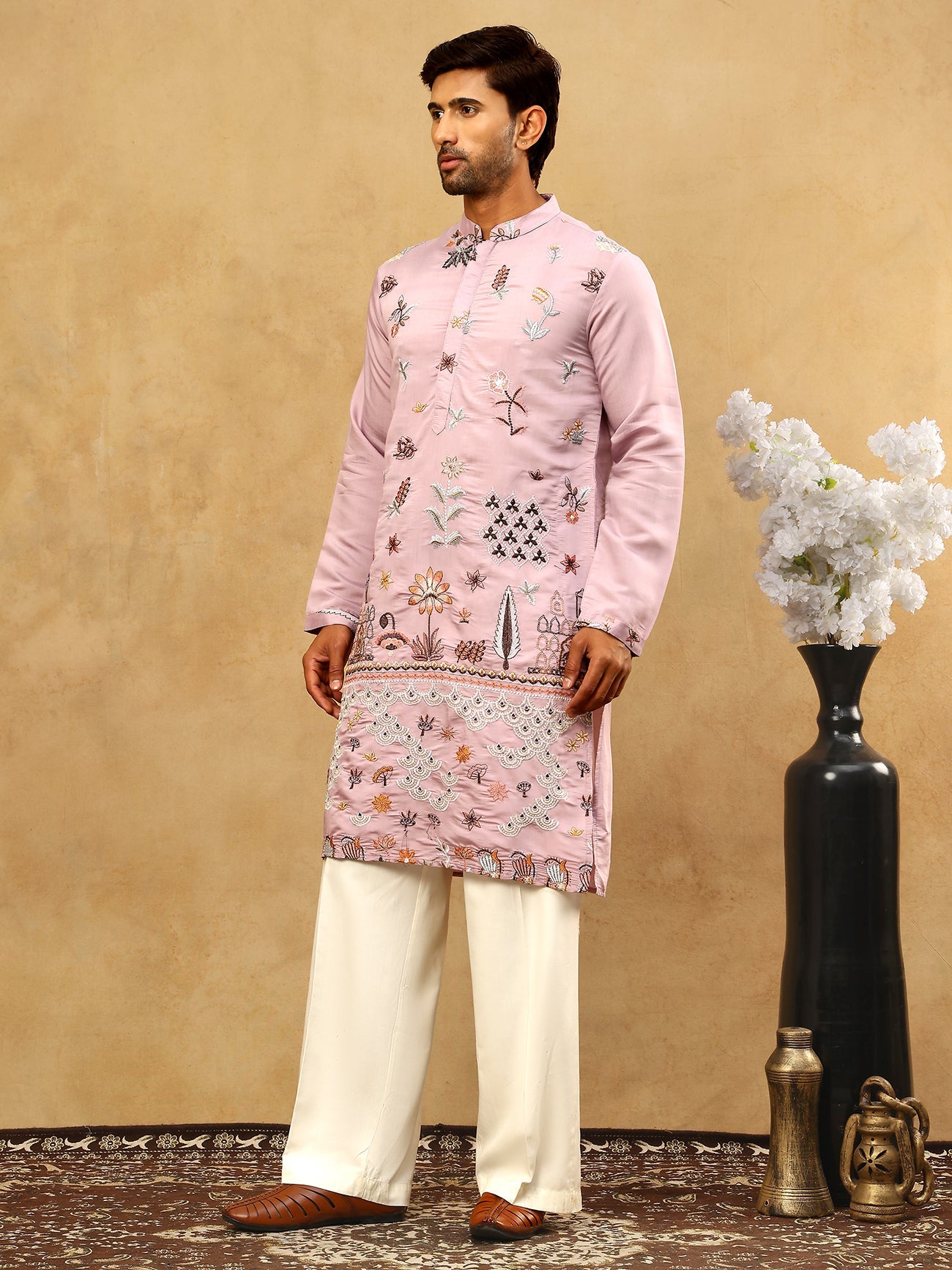 Silk Blend Floral Embroidered Kurta Pyjama Set ( JOKP PJ11W 5140Purple )
