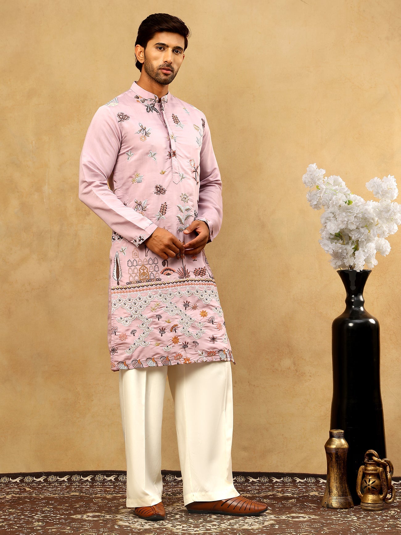 Silk Blend Floral Embroidered Kurta Pyjama Set ( JOKP PJ11W 5140Purple )