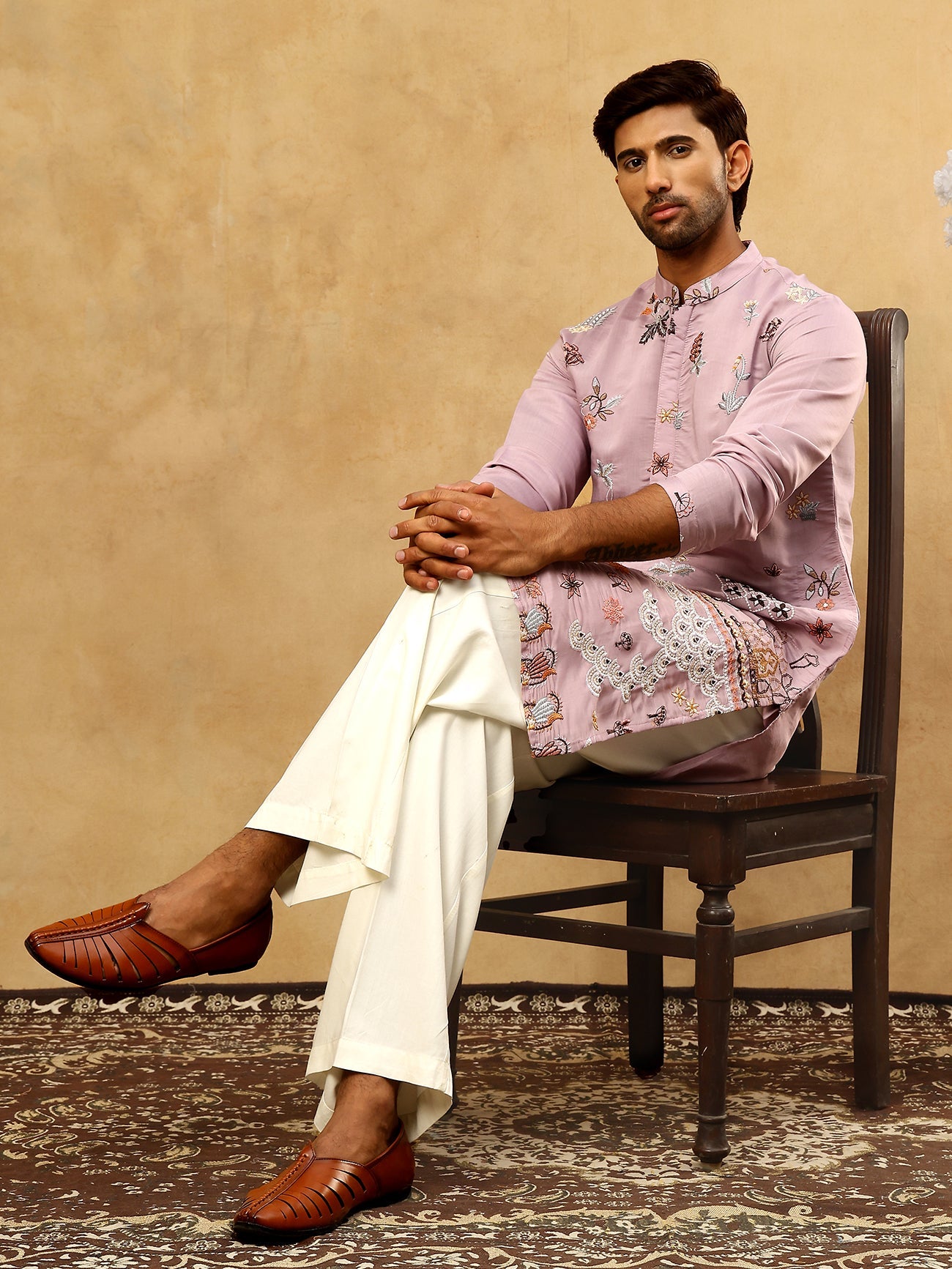 Silk Blend Floral Embroidered Kurta Pyjama Set ( JOKP PJ11W 5140Purple )