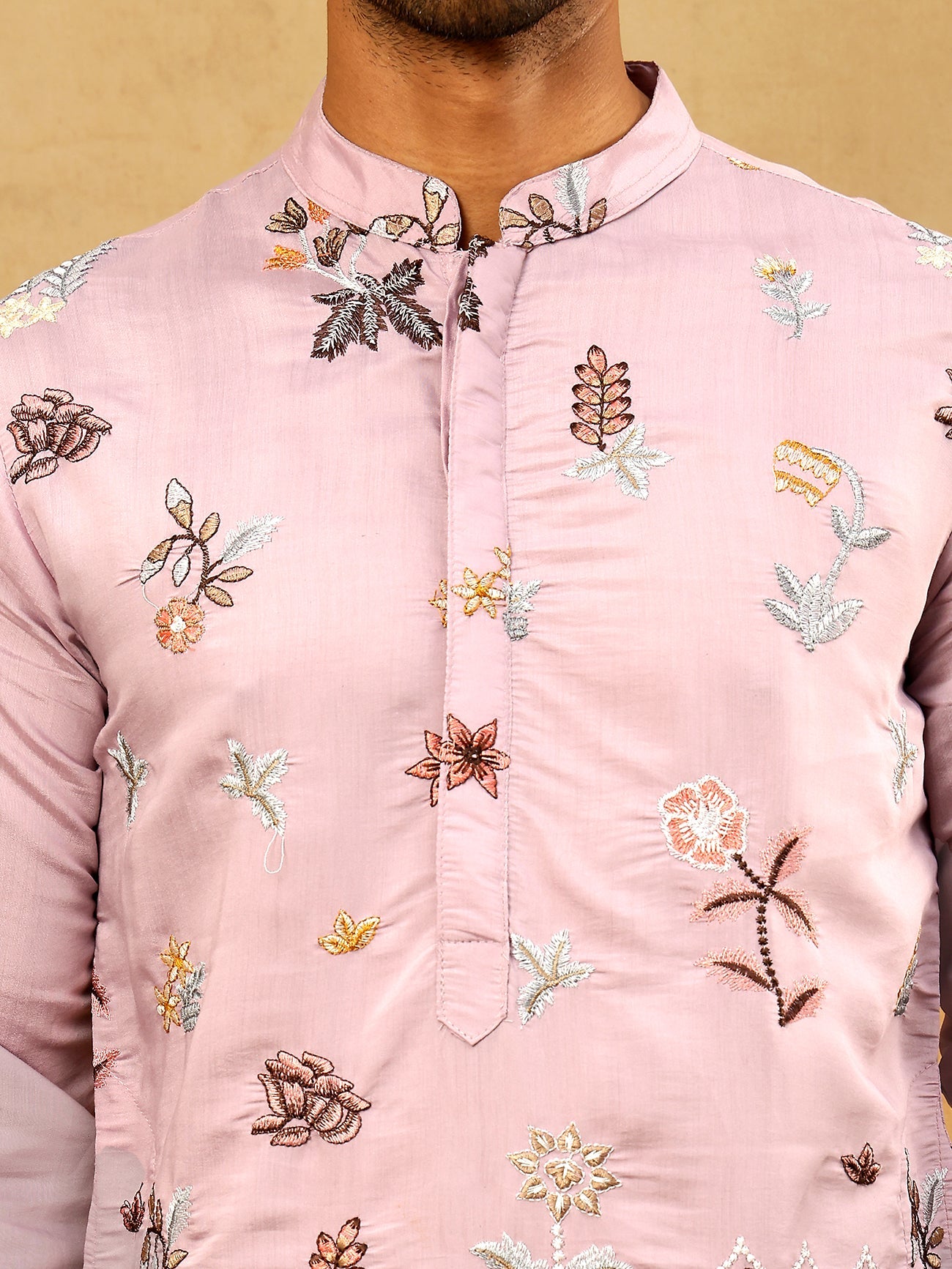 Silk Blend Floral Embroidered Kurta Pyjama Set ( JOKP PJ11W 5140Purple )