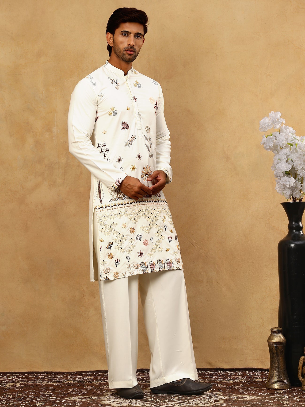Silk Blend Floral Embroidered Kurta Pyjama Set ( JOKP PJ11W 5140White )