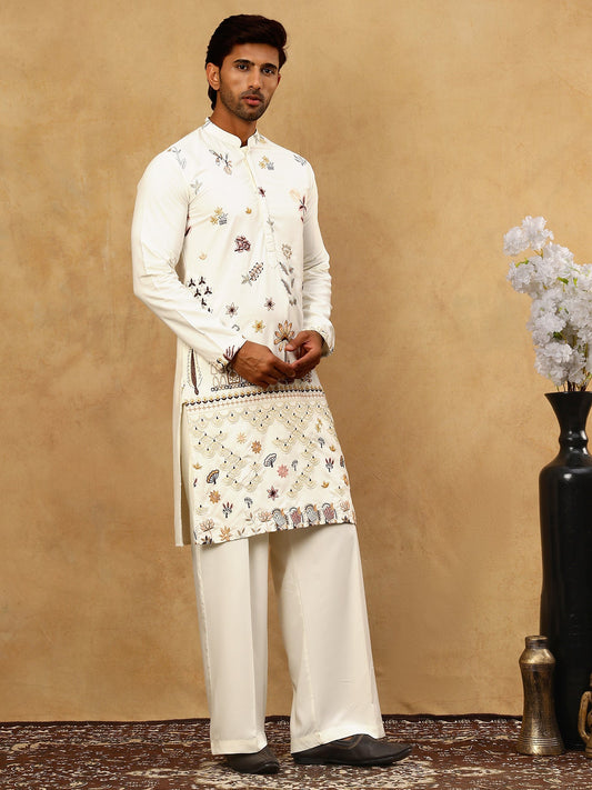 Silk Blend Floral Embroidered Kurta Pyjama Set ( JOKP PJ11W 5140White )