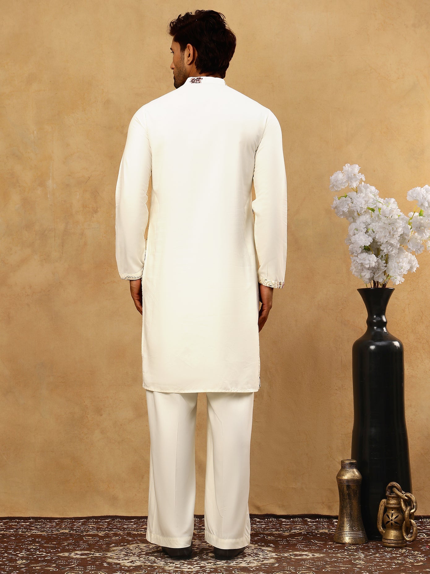 Silk Blend Floral Embroidered Kurta Pyjama Set ( JOKP PJ11W 5140White )