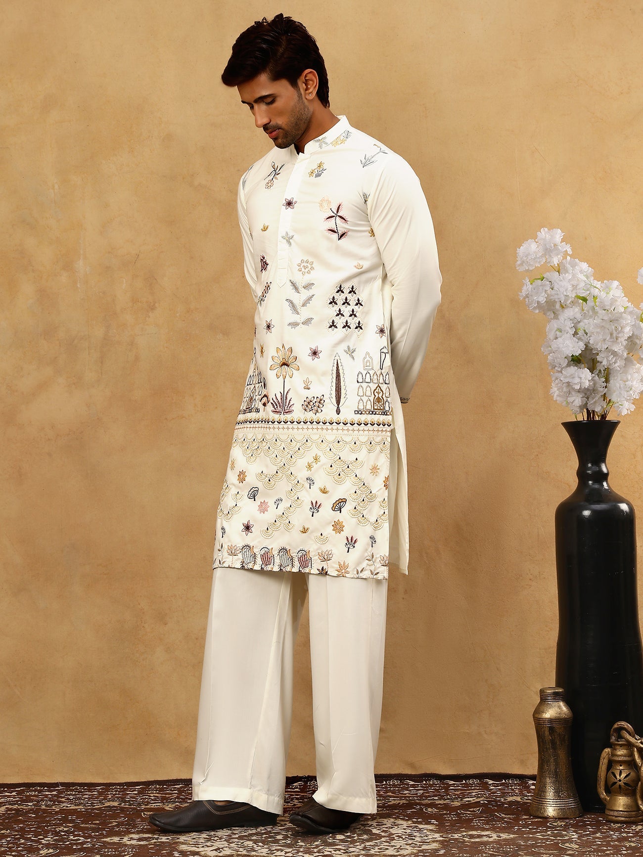 Silk Blend Floral Embroidered Kurta Pyjama Set ( JOKP PJ11W 5140White )